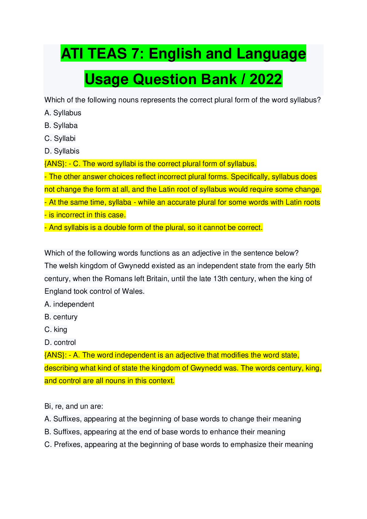 Preview image for ATI TEAS 7: English and Language Usage Question Bank / 2022